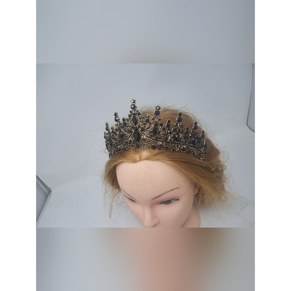 Vintage Women's Crown Costume Jewelry Rhinestone Metal Victorian Royal Black - Picture 5 of 13